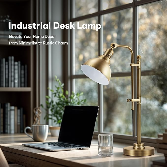 VONLUCE Rustic Desk Lamp Gold Adjustable, Industrial Style Metal Task Lamps 25"-29", Vintage Work Light, Farmhouse Reading Lamp in Brushed Gold Finish, ETL Certificate