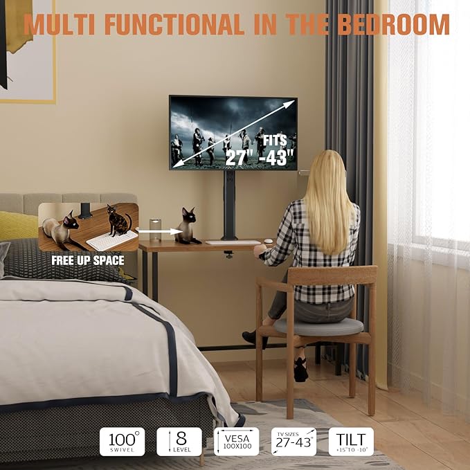 HEMUDU Single Tall Desk Monitor Arm Mount Stand Fit for 27 inch to 42 inch Flat Curved Computer Screen with Swivel, Height Adjustable, Rotation,Holds up to 77lbs, Black