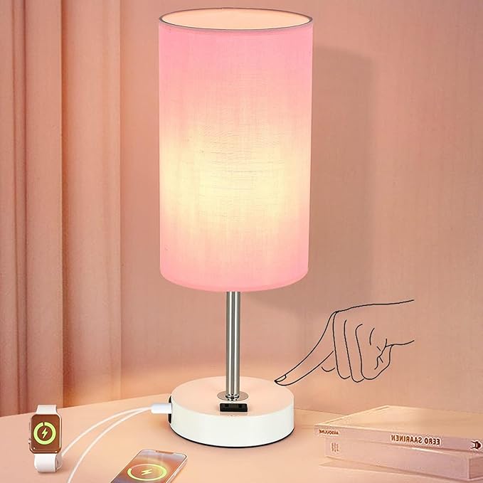 Table Lamp with USB Port - Desk Lamp Touch Lamp Bedside Lamps for Bedroom, 3 Way Dimmable Small Lamps for Living Room, Nightstand, Nursery, Dorm, Home, Office, White Base+ Pink Lampshade