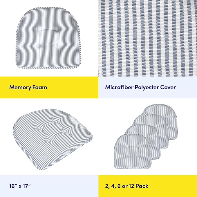 Sweet Home Collection Chair Cushion Memory Foam Pads Tufted Slip Non Skid Rubber Back U-Shaped 17" x 16" Seat Cover, Pinstripe Blue 4 Count