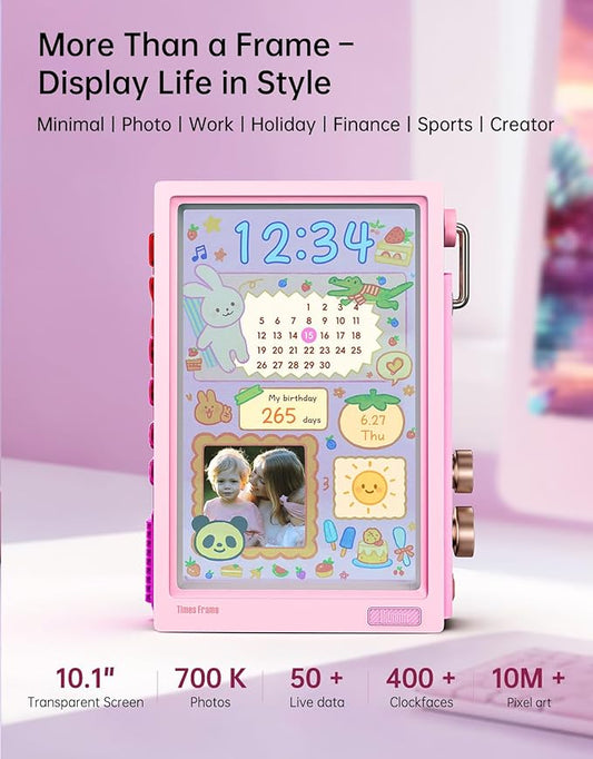 Divoom Times Frame-10.1" Digital Picture Frame Transparent IPS with RGBLED Rotary Knob WiFi 64GB 400+Clock Faces Widget 50+API Feeds Gift Mode Pixel Art Community Personalized Display (Pink)