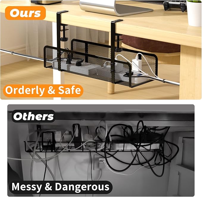 Under Desk Cable Management Tray, Wire Management Desk Cable Organizer Cable Management Box, Cord Organizer Under Desk Storage Cable Raceways for Office, Home - No Damage to Desk No Drill