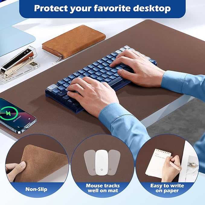 Wireless Charging Desk Mat with Desk Pad for Desktop Charging Large Mouse Pad Waterproof Leather Computer Mat Mouse Pad Non-Slip Protector on Top of Desks for Keyboard and Mouse (brown-l, 36*17inch)