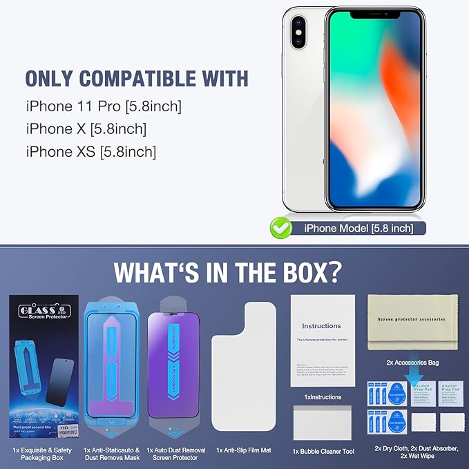 2-Pack Anti Blue Light Matte Screen Protector for iPhone X/iPhone XS/iPhone 11 Pro, 9H Tempered Glass, Full Coverage, Anti-Fingerprint, Auto Dust-Elimination, No Bubble, Easy Installation