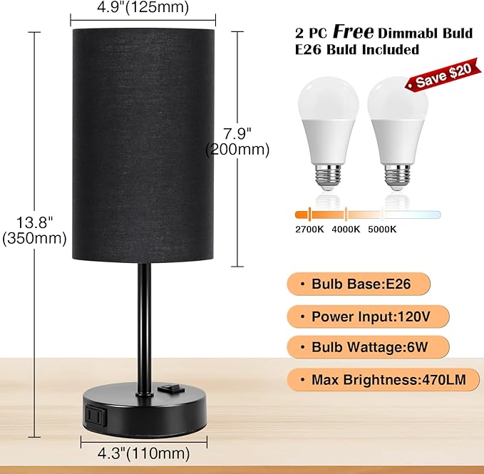 ZJOJO Table Lamp for Bedroom Set of 2, Bedside Small Lamps with 3 Way Dimmable Rocker Switch and AC Outlet, Nightstand Desk Lamp with Black Fabric Shade Black Base for Living Room Home Decor Lights