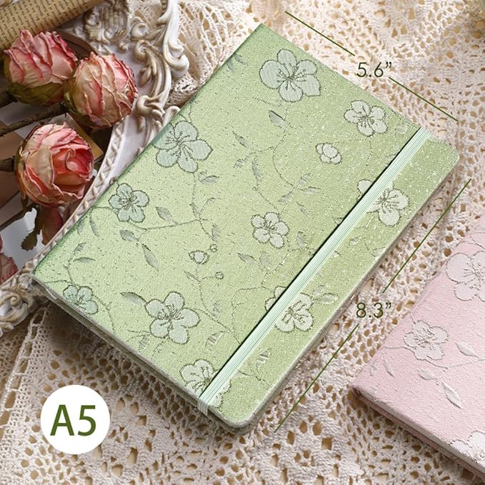 A5 Notebook, Ruled Paper, Lined Page, Hardcover, Layflat, Linen Cover, Flower Fabric, Journal for Women, Elastic Band Closure, Cute Notebooks for School, Office, Personal Writing, Green
