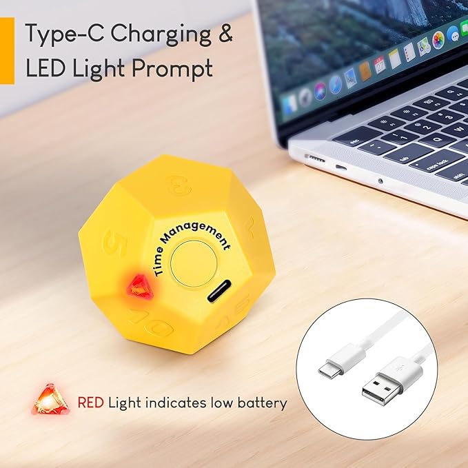 Mini 12 Sided Cube Timer, 11 Preset Times Pomodoro Timer for Enhanced Productivity. Ideal for ADHD Management, Workout, Study & Kitchen Cooking. Easy to Use (Yellow)