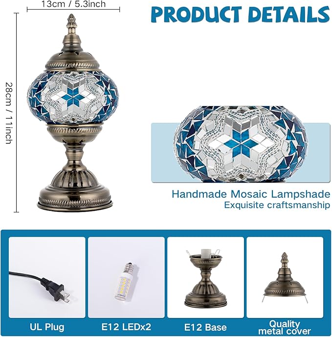 Turkish Moroccan Table Lamp Lantern with Handmade Mosaic Glass Lampshade Tiffany Style Bohemian Stained Glass Decorative Desk Lamps Bedside Night Lights for Bedroom (Blue White)