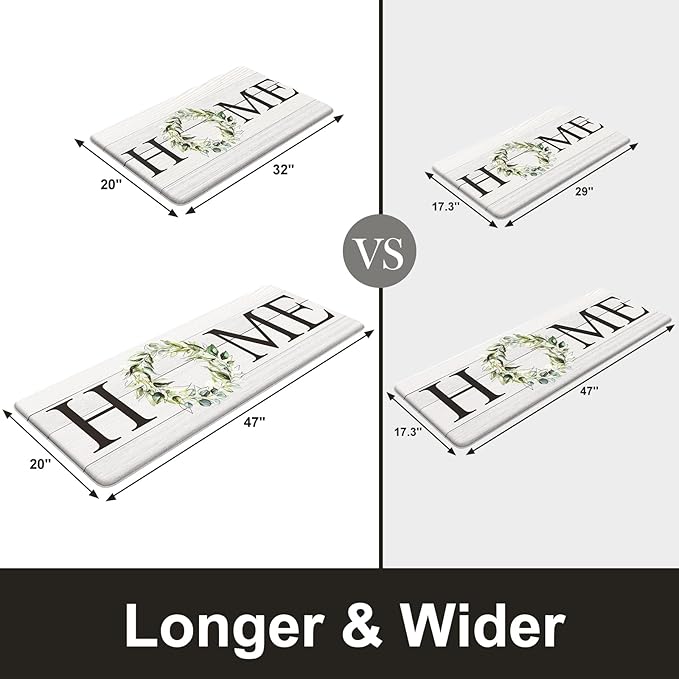 KIMODE Anti Fatigue Kitchen Mats for Floor, Farmhouse Kitchen Rugs Sets of 2, Cushioned Kitchen Floor Mats, Comfort Standing Mats for Sink, Laundry, Office, Desk White 20"x47"+20"x32"