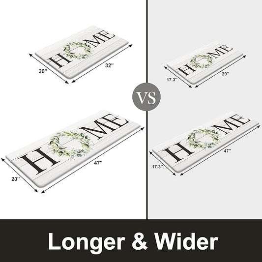 KIMODE Anti Fatigue Kitchen Mats for Floor, Farmhouse Kitchen Rugs Sets of 2, Cushioned Kitchen Floor Mats, Comfort Standing Mats for Sink, Laundry, Office, Desk White 20"x47"+20"x32"