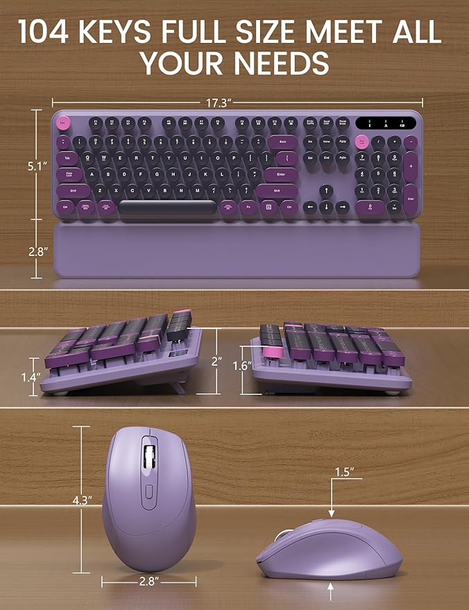 Wireless Keyboard and Mouse - Cute Typewriter Keyboard with Detachable Wrist Rest, Retro Round Keycaps, Foldable Legs, 2.4GHz Full-Size Keyboard Combo for PC, Laptop, Windows - Trueque (Grape Purple)