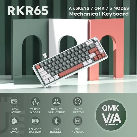 RK ROYAL KLUDGE R65 Wireless Mechanical Keyboard with Volume Knob, Tri-Mode 2.4G/USB-C/BT Gasket Mounted 60% Gaming Keyboard with 66Keys, PBT Keycaps, QMK/VIA, Hot Swappable Cream Switch, Clay Green