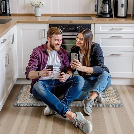 KIMODE Anti Fatigue Kitchen Mat 20"x39", Boho Vintage Kitchen Rug, Non Slip Kitchen Mats for Floor, Cushioned Kitchen Floor Mats, Standing Desk Mat for Sink, Laundry, Office, Desk Blue and Gold