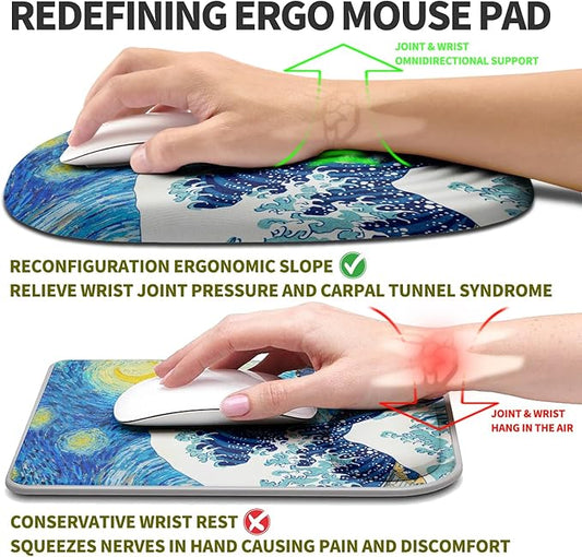 Hokafenle Ergonomic Mouse Pad Wrist Support, Terraced Slope Carpal Tunnel Wrist Pad for Mouse with Unibody Memory Foam, Wrist Rest Pain Relief Mousepad (Starry Night Sea Wave, 11.8x7.9 in)