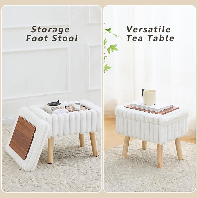 Wimarsbon Storage Ottoman,Soft Faux Fur Footstool with Padded Seat, Small Reading Vanity Chair, Footrest with Wood Tray for Couch, Mini Coffee Table or Display Stand (Cream, Rectangular Storage)