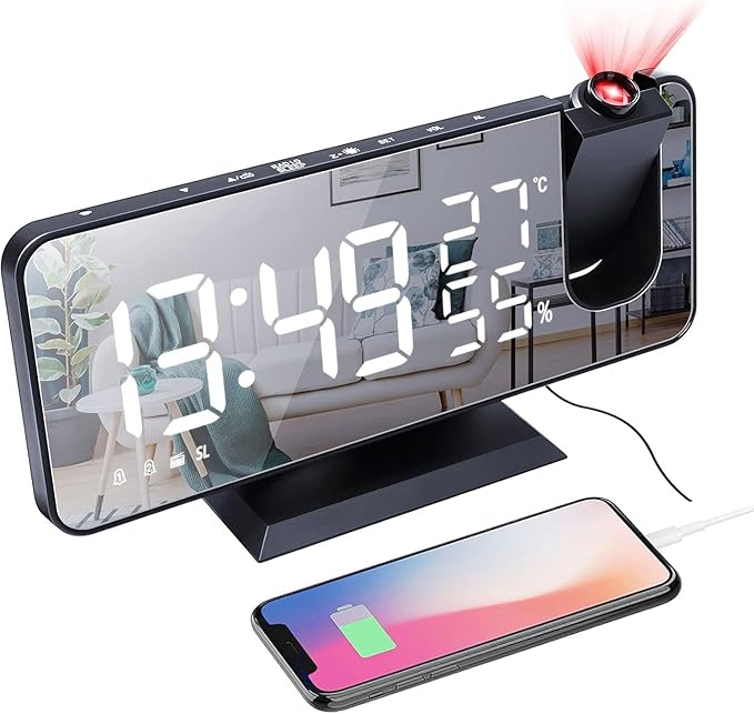 Projection Alarm Clock for Bedroom, Digital Alarm Clock with USB Charger, 7.4" Large LED Mirror Display Radio Alarm Clock, Dual Smart Alarm with Projection on Ceiling, Black