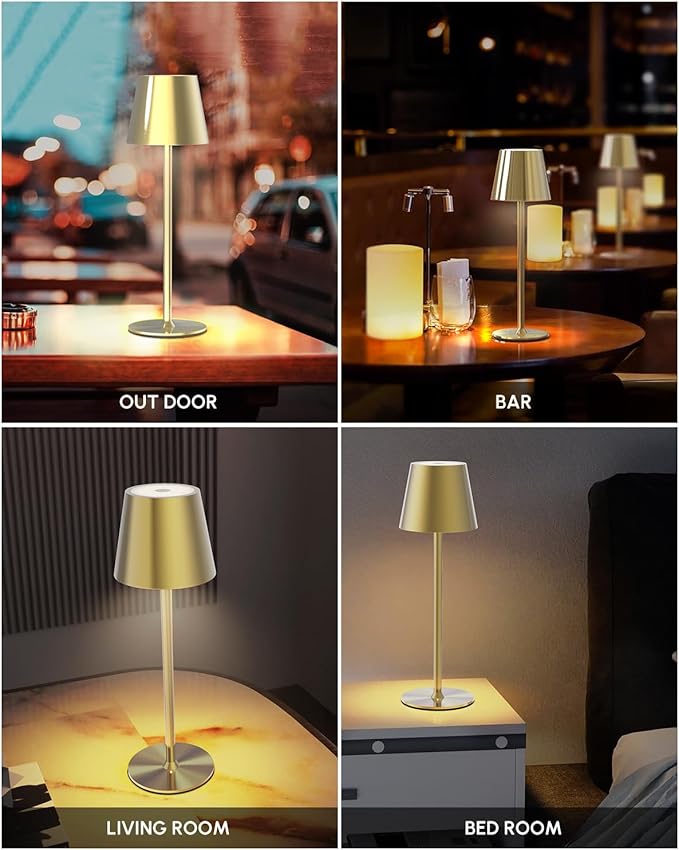 Maksone 2 Pack LED Cordless Table Lamp, 6600mWh Rechargeable Battery Desk Lamp, 3000K Stepless Dimming Night Light, IP54 Waterproof Metal Outdoor Portable Lamp for Camping, Restaurant (Gold)