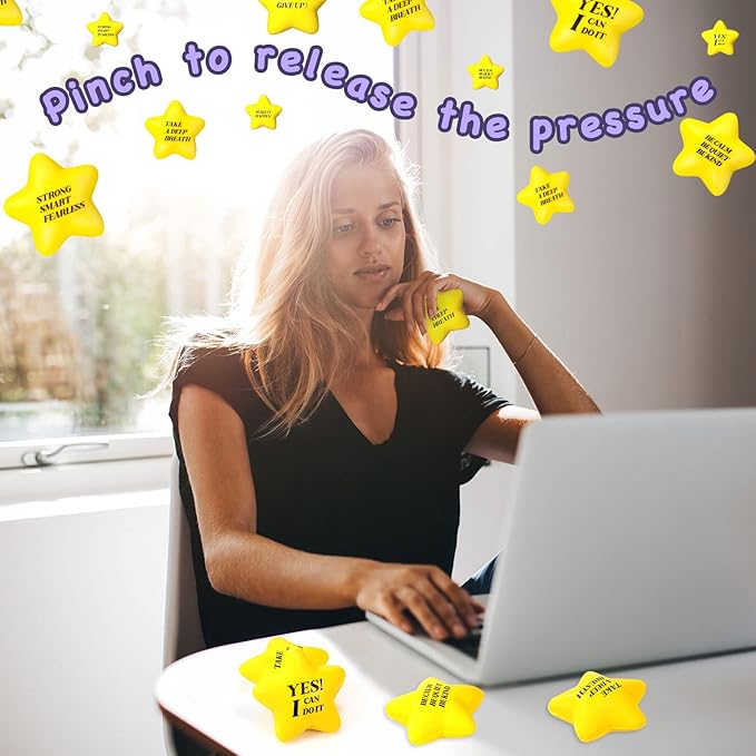 Chalyna 30 Pieces Motivational Star Stress Ball Quote Relief, 2.2 Inch PU Foam Stress Toys Bulk Sensory Star Toy Gifts for Kids Teens Adults Relieve Anxiety Party Supplies(Yellow)