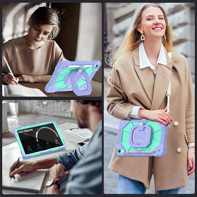 Case for iPad (A16) 11th/10th Generation 2025/2022,Kids Friendly iPad Case 10th Generation with Rotating Stand Screen Protector,Shockproof Cover for i Pad 11.0/10.9 Inch C ase,Purple Green