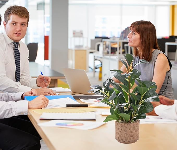 12.6" Fake Plants in Brown Ceramic Vase Real Looking and Touching Evergreen Ficus Leaf Faux Plant Indoor for Book Shelf Bathroom Office Desk Kitchen Counter Bedroom Small Space Artificial Plant Decor