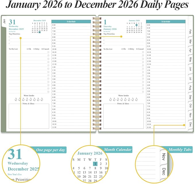2026 Daily & Monthly Planner - One Page Per Day, Daily Planner from January 2026 - December 2026, Planner 2026 with 12 Monthly Tabs, 8.5" x 11", Green