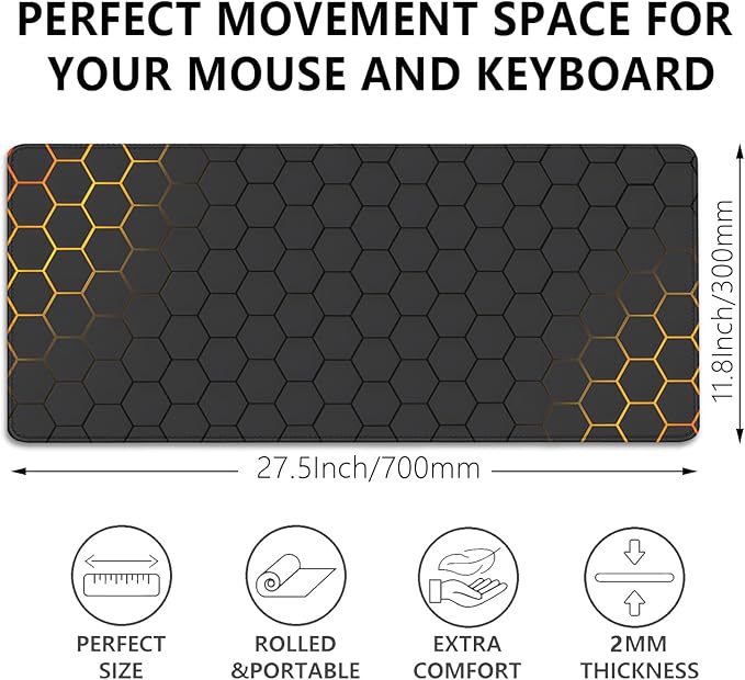 Black Gold Honeycomb Mouse Pad Desk Pad,Extended Gaming Mouse Mat,Stitched Edges Non-Slip Waterproof Rubber Base Mousepad for Office Desk Mat(27.5X11.8 in)
