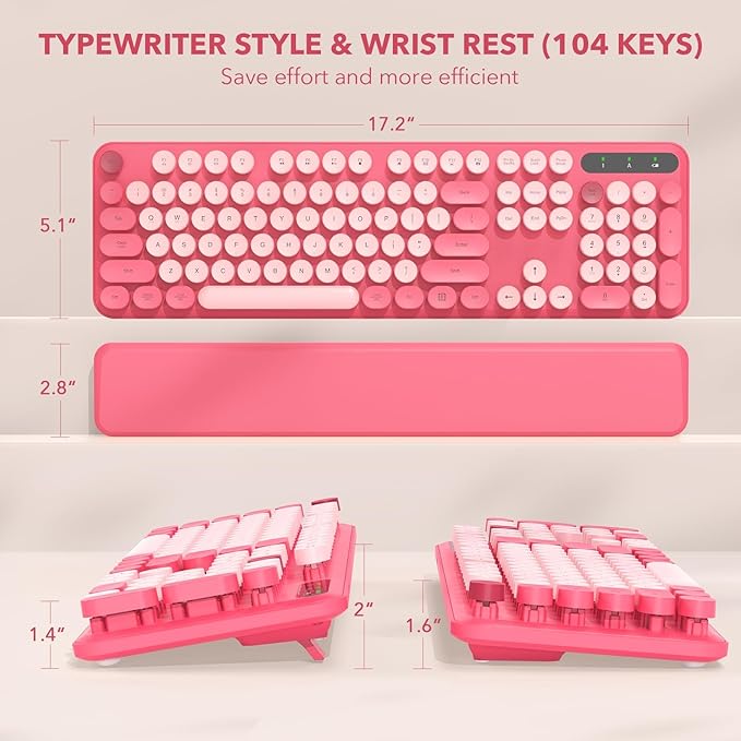 Retro Typewriter Wireless Keyboard, Pink Round Keycaps with Detachable Wrist Rest, Vintage Style Computer Cordless Keyboard, Cute Full-Size for Windows/PC/Laptop (Ideal for Writer/Gamer/Office)