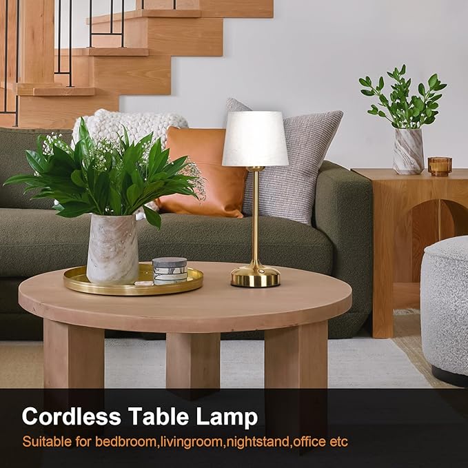 YAYZA! Cordless Table Lamp Adjustable Height Desk lamp, Fabric Shade 7500mAh Rechargeable LED Wireless Touch Night Light Stepless Dimming, 3 Color Temperatures with Edison Bulb (Short Gold - 1 Pack)