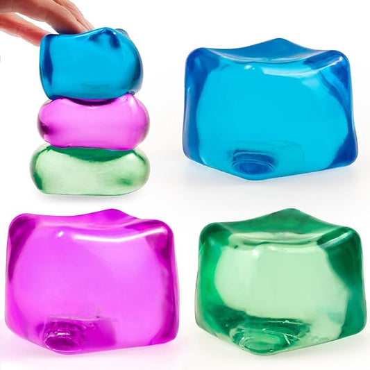 Stress Cube – 3-Pack High-Density Gel-Filled Ice Cube Squishy Fidget Toy for Anxiety Relief, Slow Rising, ADHD & Focus Aid, for Kids & Adults, 2.1", Blue, Purple & Green