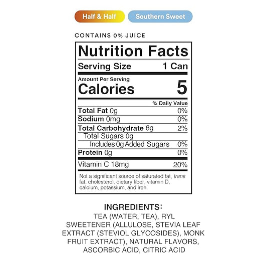 Ryl Iced Tea Front Porch Variety Pack, Sweet Tea and Half N' Half – Antioxidant Superblend, No Artificial Ingredients, Zero Sugar, Five Calories, Low Carb, Non-GMO, Made in the USA, 12-Pack, 16 Fl Oz