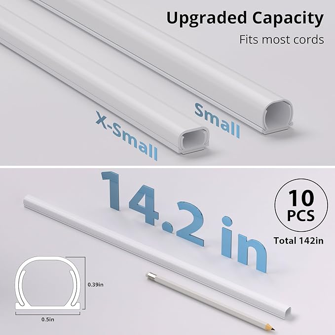 ZhiYo 142in Cord Covers for Wires on Wall, One Cord Hider, Self-Adhesive Wire Covers for Cords on Wall, Paintable TV Cable Hider, White Cable Management Raceway Channel, 10x L14in, W0.5in H0.4in
