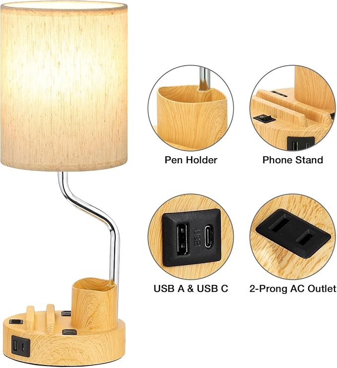 Bedside Table Lamps for Bedroom Set of 2 - Nightstand Light with AC Outlet and USB A & C for Charging, 3 Color Temperatures Wood Desk Lamp with Pen Holder & Phone Stand for Living Room/Dorm/Office