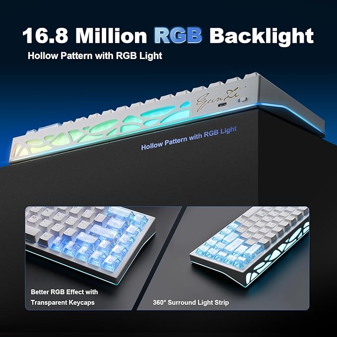 YUNZII AL65 Wireless Mechanical Keyboard, Full Aluminum CNC,Support QMK/VIA Software Gasket Structure,60% Hot Swappable with RGB Backlit BT/2.4G/USB-C for Mac/Windows(White, Gateron Zero)
