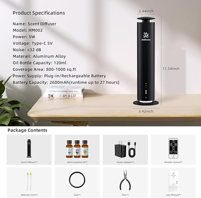 Waterless Scent Diffuser Starter Kit, Diffusers for Home Office Hotel 1000 Sq Ft Coverage, Cordless Essential Oil Diffuser Large Room with 3 Mood Lights, 3 Scent Oils, App Control, Black