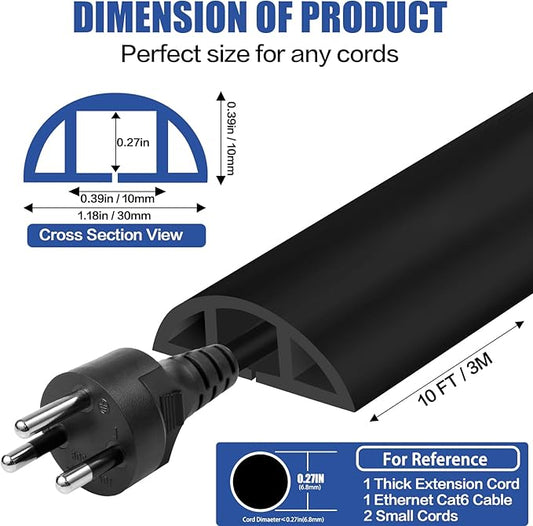 Floor Cord Cover Self Adhesive Cord Hider,10FT Cable Management, Extension Strip Protector for Wires, Prevent Cable Trips for Offices, Gyms, Exhibitions Cavity:0.39"(W) x 0.27"(H) Black