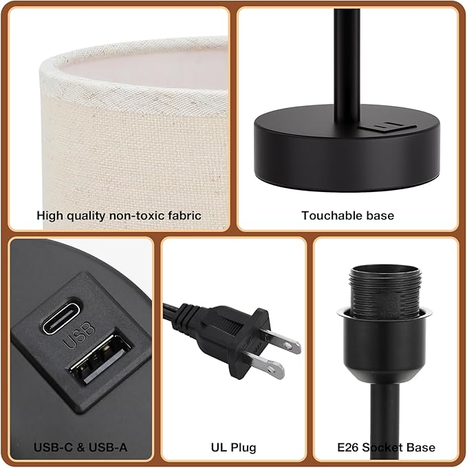 Beige Touch Lamp for Bedroom with USB - 3 Way Dimmable Table Lamp for Nightstand, Small Lamp with Black Charging Station for Desk Dorm, Office, Nursery