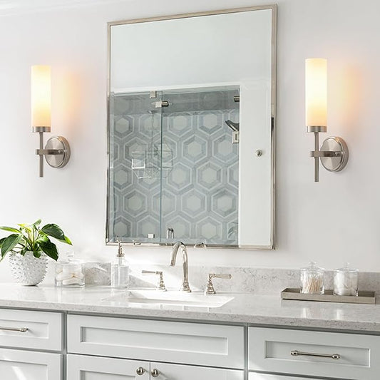 Wall Sconces Set of Two,Brushed Nickel Bathroom Sconces Wall Lighting with White Glass, Modern Sconces Wall Decor Set of 2 Wall Light fixtures for Bathroom Mirror Living Room Hallway Bedroom Wall Lamp