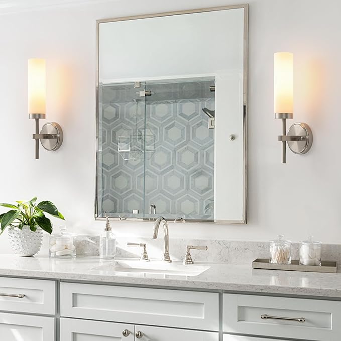 Wall Sconces Set of Two,Brushed Nickel Bathroom Sconces Wall Lighting with White Glass, Modern Sconces Wall Decor Set of 2 Wall Light fixtures for Bathroom Mirror Living Room Hallway Bedroom Wall Lamp
