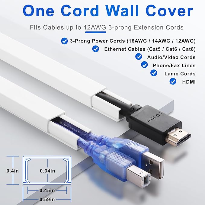 ZhiYo 204in Cord Covers for Wires on Wall, Cord Hider for 1 Wire, Wall Cable Hiders for Mounted TV, Wire Covers for Cords, Cable Management Raceway kit, 12x L17in, W0.6in H0.4in, White