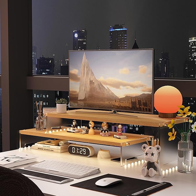 YGYQZ Wood Adjustable Monitor Riser for Desk, 2 Tier Dual Monitor Stand with Acrylic Legs Office Desk Shelf Organizer for Laptop, PC, Printer, Computer (wood-flat)