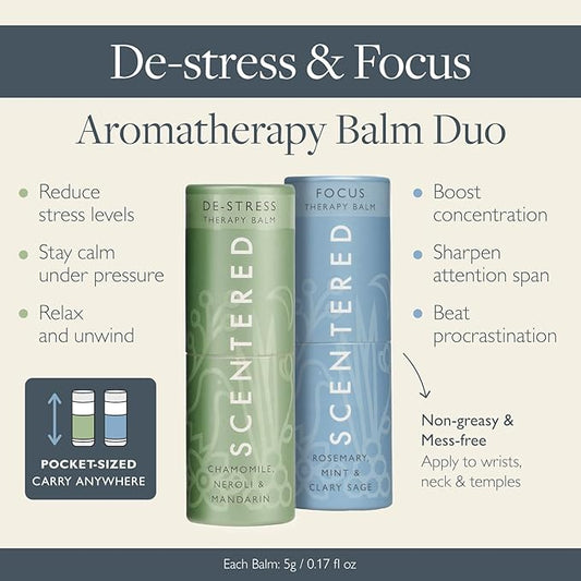Scentered Aromatherapy Balm Stick Duo for Stress-Relief & Focus - Roll On Essential Oil Blends of Rosemary, Mint, Chamomile - Aromatherapy Gifts for Women - De-Stress & Focus