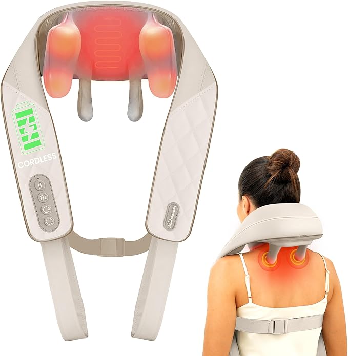 Snailax Cordless Neck Massager with Heat, Kneading Neck and Shoulder Massager Deep Tissue, Shiatsu Back Pillow, 2 Heating Levels,Gifts for Mom Dad