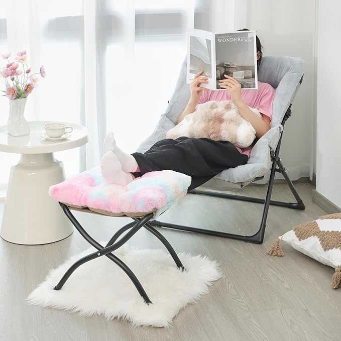 15"(H) Folding Ottoman, Foldable Footrest Stool, Portable Small Foot Stool for Couch, Collapsible Foot Rest Ottoman for Sofa, Accent Padded Ottomans for Living Room, Bedroom, Rainbow