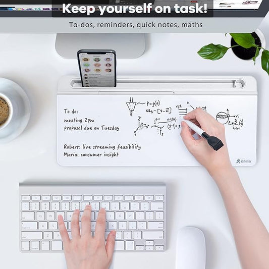 Varhomax Glass Desk Whiteboard with Storage, Desktop Organizer to-do List Memo Notepad Dry Erase White Board for Home Office and School Supplies (White)