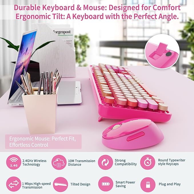 Wireless Keyboard and Mouse Combo, Retro Typewriter Keyboard with Round Keycaps, Full-Size Ergonomic, Red, Ideal for Windows PC, Home, Office, and College, Wireless Keyboard Mouse Combo