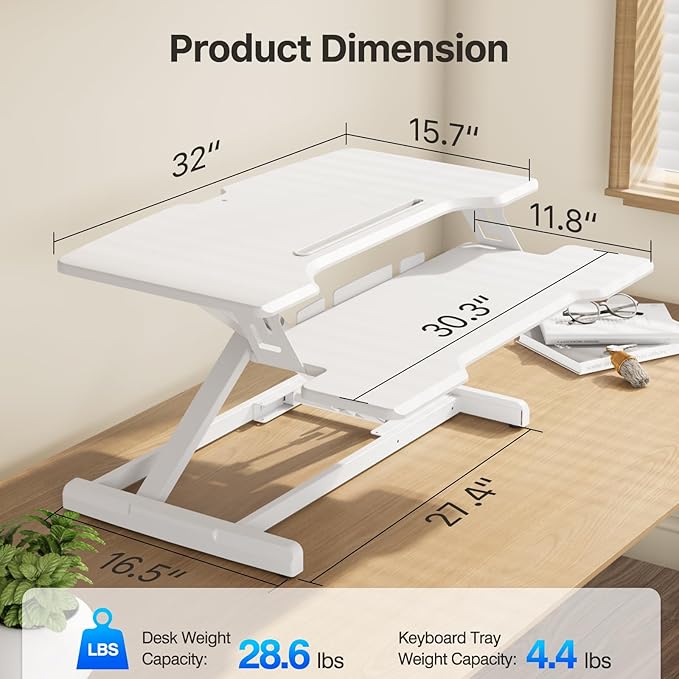 Standing Desk Converter 32 inch, Height Adjustable Sit Stand Desk Riser, Quick Sit to Stand Tabletop Dual Monitor Riser Workstation for Home Office with Keyboard Tray, White