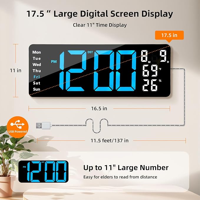 17.5” Digital Wall Clock, LED Display with Time, Date, Month, Temperature & Humidity, Remote Control DST, Alarm, Timer, 10-Level Brightness, Night Light for Home, Living Room, Bedroom & Office Décor