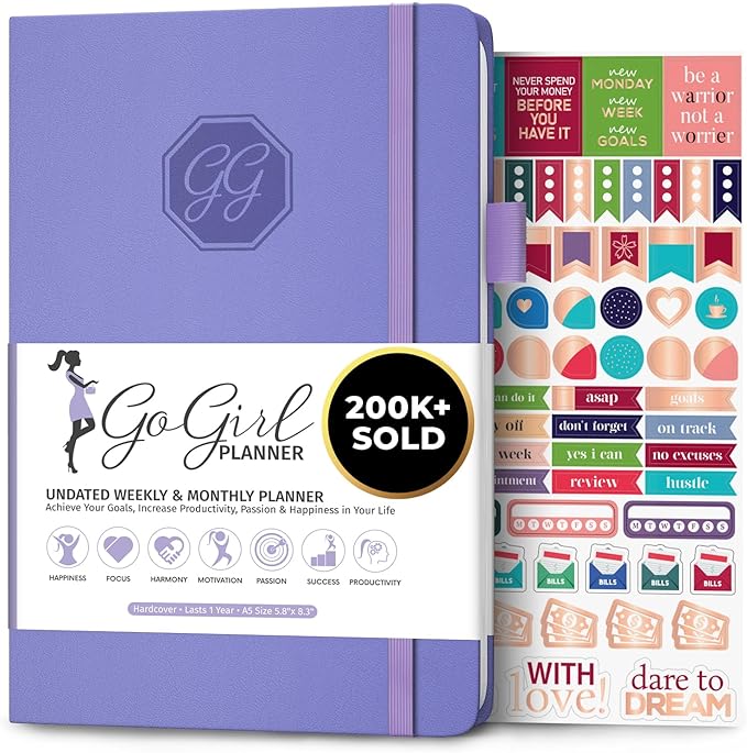GoGirl Planner and Organizer for Women – A5 Size Weekly Planner, Goals Journal & Agenda to Improve Time Management, Productivity & Live Happier. Undated – Start Anytime, Lasts 1 Year – Lavender