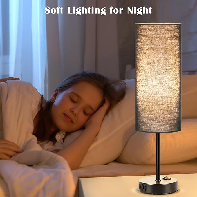 ZJOJO Table Lamp for Bedroom 2 Pack,18in Bedside Lamps with 3 Way Dimmable Rocker Switch & AC Outlet,Nightstand Desk Lamp with Black Fabric Shade Black Base for Living Room Home Decor Lights