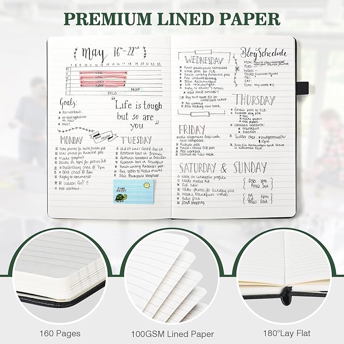 Lined Journal Notebook, 3 Pack A5 College Ruled Notebooks for Work, Hardcover Notebook Each with 2 Pockets & Pen, Leather Journal for Women, Men, 160 Pages, 100GSM Thick Paper (Blue, Black, Green)